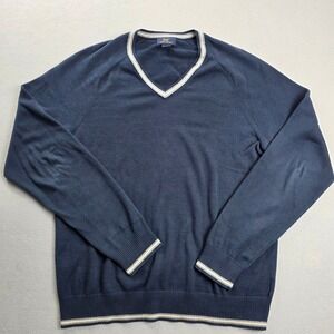 Brooks Brothers 346 Mens Navy Blue Cotton V-Neck Sweater Striped Trim Large